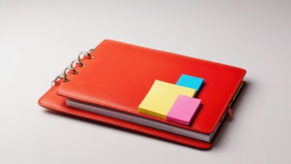 A red planner with colorful sticky notes for organization.