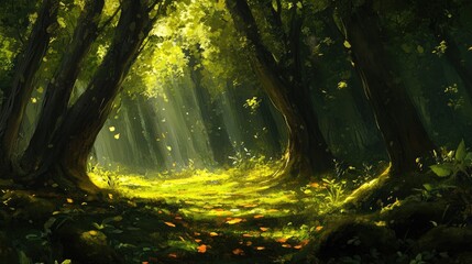 Fototapeta premium Enchanted Forest Pathway Bathed in Golden Sunlight with Lush Greenery and Gentle Illumination