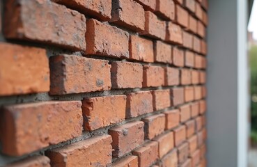 Obraz premium Close-up of brick wall with clinker thermal panels for house facade finishing. Orange, brown colors with rough stone texture. Exterior wall cladding with masonry brickwork, construction material for