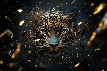 A majestic jaguar head breaking through a shattering gold effect