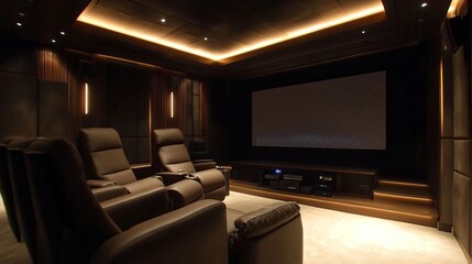 Luxury Home Theater: a plush home theater with leather recliners, soft ambient lighting, a state-of-the-art sound system, and a large projector screen, creating a cinematic experience at home