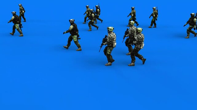 a crowd of walking soldiers with weapons. green screen. War, conflict concept.