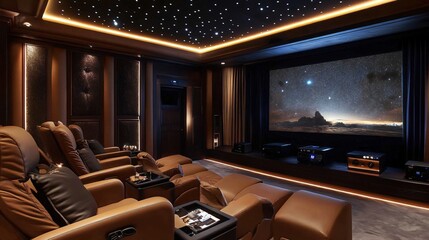 Luxury Home Theater: a plush home theater with leather recliners, soft ambient lighting, a state-of-the-art sound system, and a large projector screen, creating a cinematic experience at home