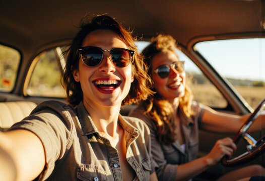 Fototapeta Two smiling women enjoying a fun road trip in a vintage car