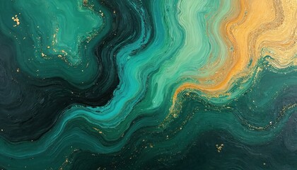 Obraz premium Green brown abstract painting with gold accent features a lot of texture. Wavy fluid backdrop is an organic illustration with wave patterns and marbling effect. It is a modern decorative art.