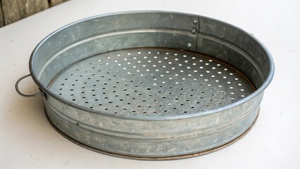 Galvanized Metal Colander on White Background