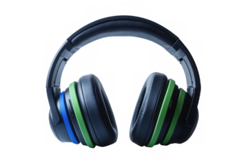 High-definition photography of realistic over-ear headphones in black, green, and blue colors against a isolated on transparent background for a professional product showcase