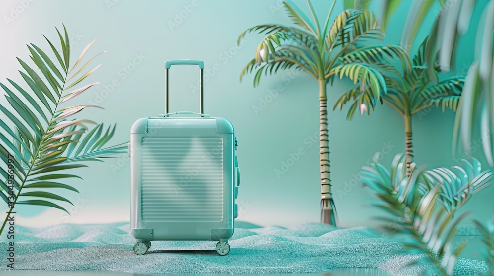 Poster Creative travel suitcase with tropical leaves on a flat background for summer adventures and exotic getaways Generative AI