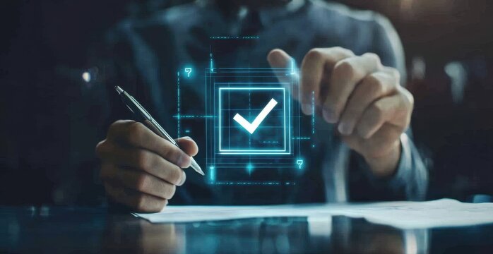 A man's hand holding a pen and a checkmark on a virtual screen with check marks box icon floating above an office table background, suggesting a document landscape for climbing the la Generative AI