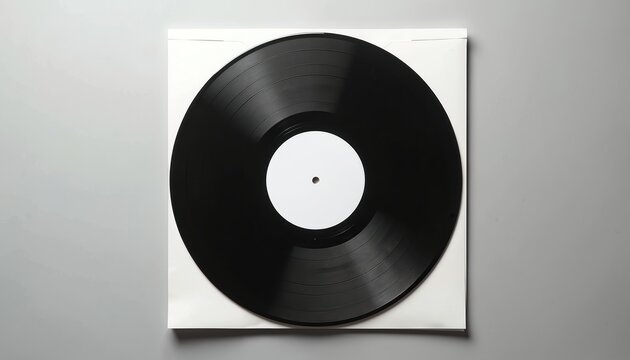 Black vinyl record in white paper case represents classic analog sound, vintage music album. Blank label for custom design, retro entertainment, musical passion. Disk single template, old school