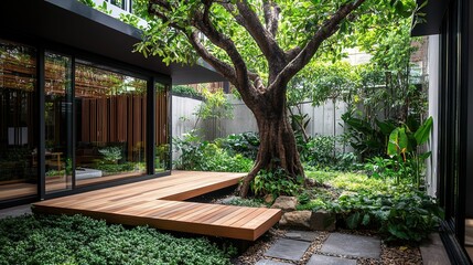 Serene Outdoor Office Garden Featuring Wooden Deck and Lush Greenery