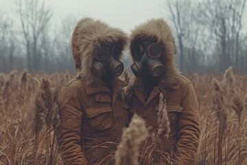 Two individuals in gas masks standing in a misty field during a cold day amid tall grasses and bare trees in the background