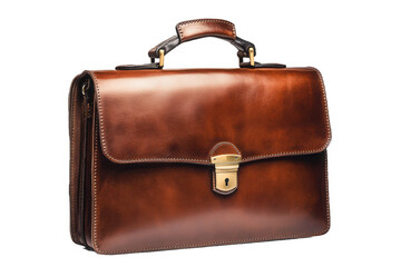 High-resolution product photography of a rich brown leather briefcase with classic design elements like polished brass hardware and flap closure against a isolated on transparent background