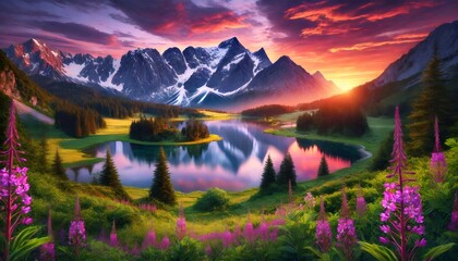 Vibrant sunrise illuminating snow capped mountains and reflecting in a pristine alpine lake