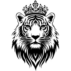 Monochrome Graphic of a Crowned Tiger Head with Detailed Stripes