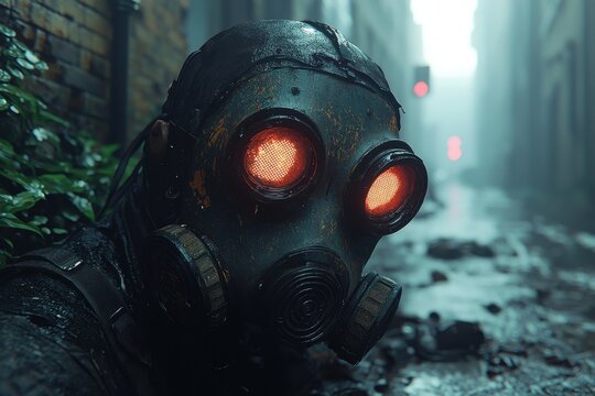 Mystery figure in a gas mask explores a post-apocalyptic urban landscape with glowing eyes