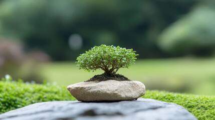Miniature bonsai tree on stone