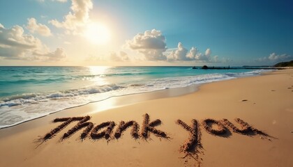 A message Thank You written in sand on sea beach at turquoise ocean shore on bright sunny day. Vacation scene on tropical coast. Holiday travel background, love, care, appreciation concept.