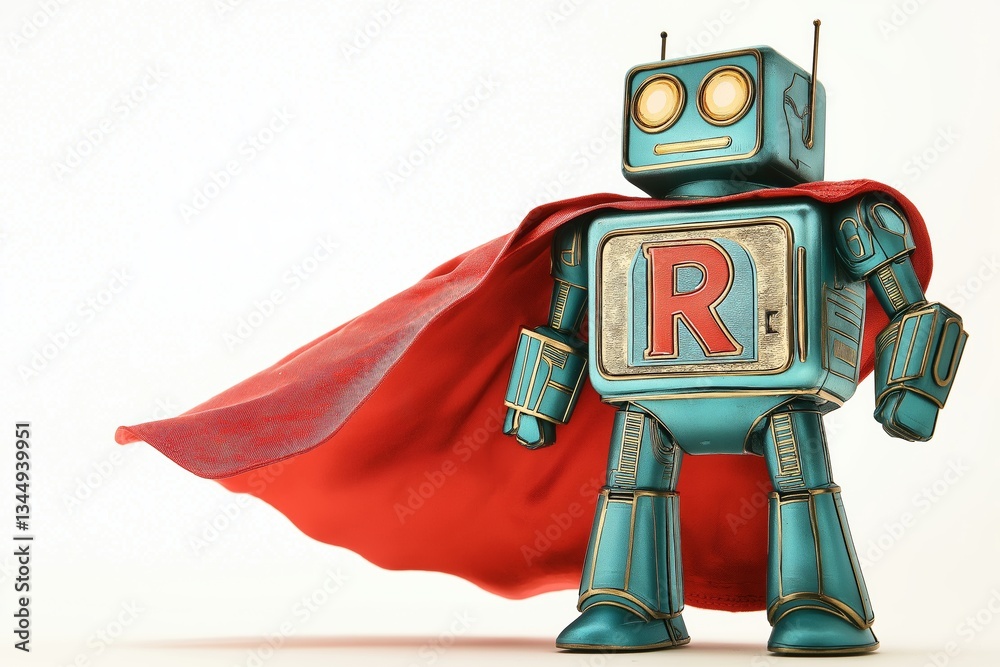 Poster Futuristic superhero robot with a red cape and bold stance, symbolizing artificial intelligence, innovation, and advanced robotics in a sci-fi setting, Generative AI