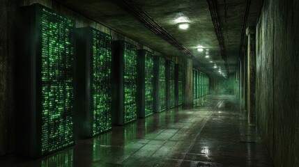 Dark, subterranean server corridor.  Glowing green code panels line a long, damp tunnel