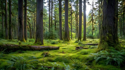 Obraz premium Sunlight filtering through mossy forest floor