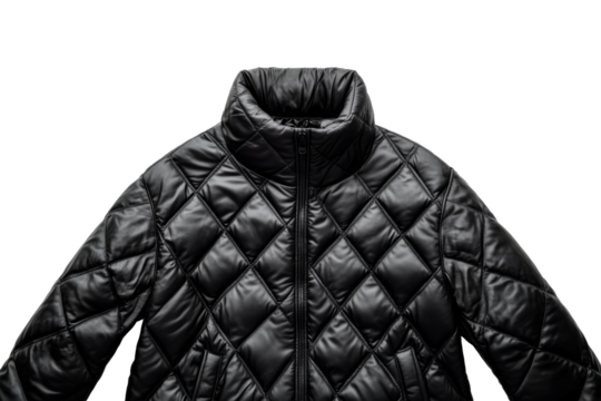 Black quilted jacket with high collar and zipper detail