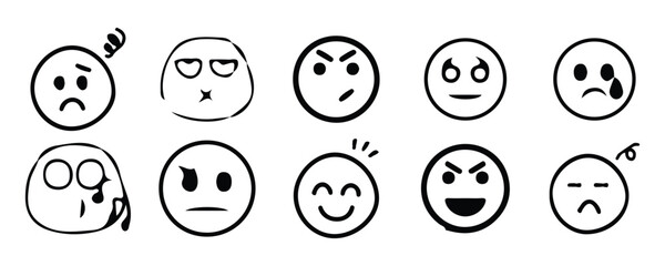 Graffiti-style icon set smiley faces with spray paint effect on transparent background. Vector illustration EPS10