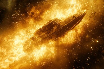 Obraz premium Spaceship navigating through an explosive cosmic event amidst swirling debris and fiery energy in deep space