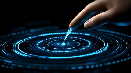 A human finger touches the screen on an abstract digital interface