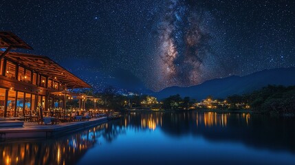 Fototapeta premium Starry Night Sky Over Tranquil Lake with Stunning Reflection