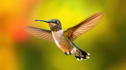 Fototapeta premium Hummingbird flying with spread wings in front of blurry background