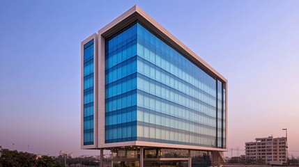 Modern glass office building sunrise cityscape