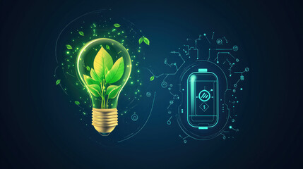 Light Bulb with Green Leaves Symbolizing Green Energy and Sustainability, Above a Detailed Diagram of a Battery Showing Lithium Ion Charge and Discharge Processes