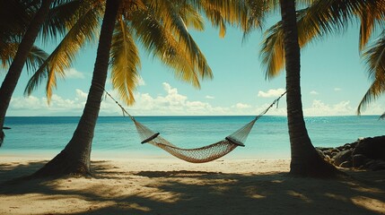 Peaceful Hammock Swaying Between Two Palm Trees by the Ocean