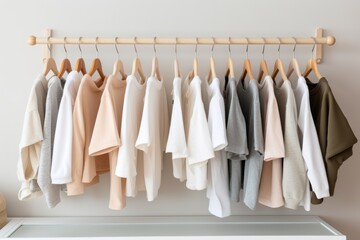 Wooden hangers with clothes on the rail in the store with kid's clothing for sale. Flea market, second hand, discount, exchange, donation