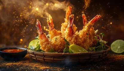 A plate of deep-fried prawns with a bowl filled with sauce