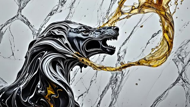 abstract digital art of metallic black wolf with gold splashes