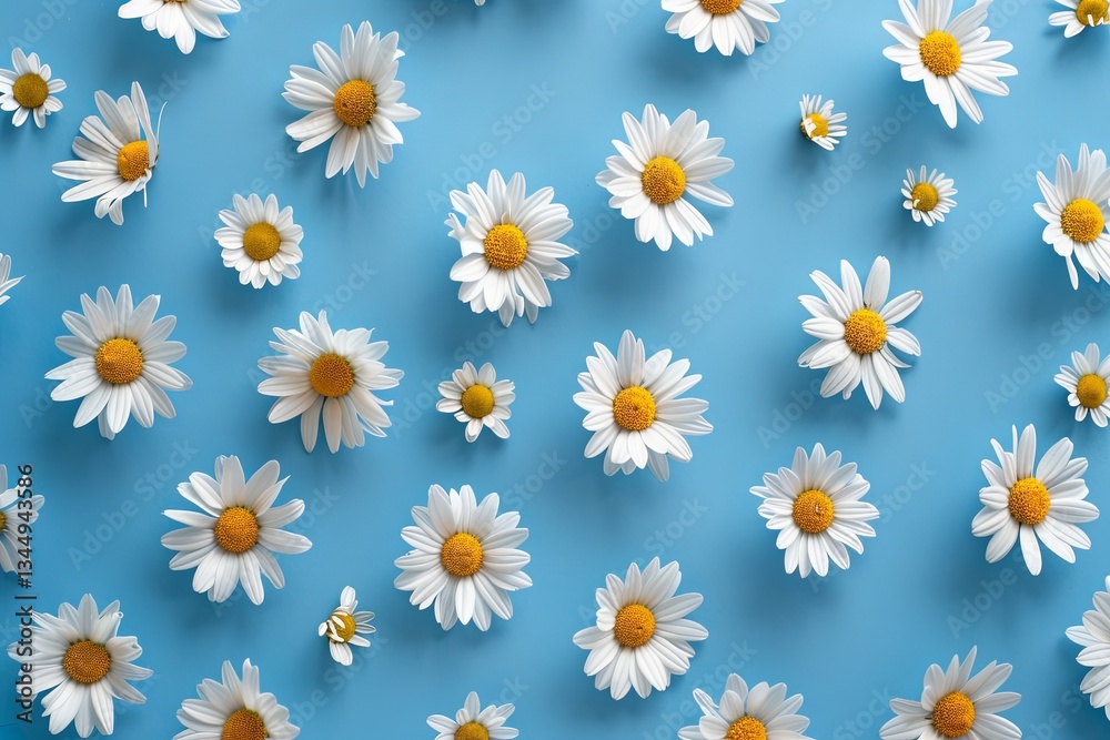 Leinwandbilder chamomile flowers arranged flat on a blue background showcasing repetition and vibrant colors in spr