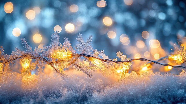 Abstract trails of holiday lights blending with softly glowing frost patterns forming on frozen glass panes