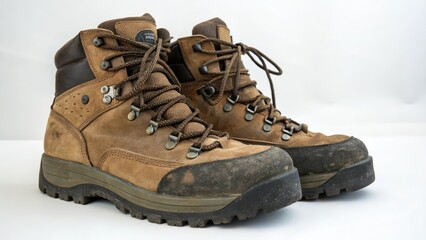 Brown Leather Hiking Boots on White Background