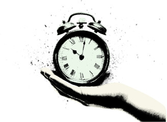 This monochrome halftone illustration showcases a vintage pocket watch held in a minimalist hand, symbolizing time, nostalgia, and urgency. The high-contrast black-and-white aesthetic creates a retro.