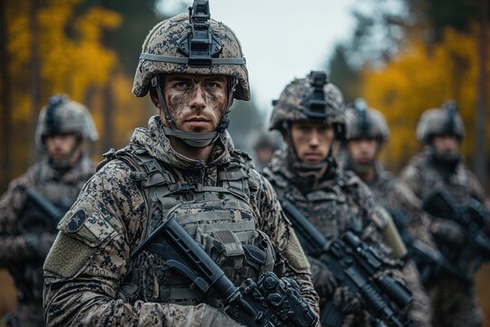 Soldiers in camouflage gear prepare for mission amid fall foliage during early morning training exercise