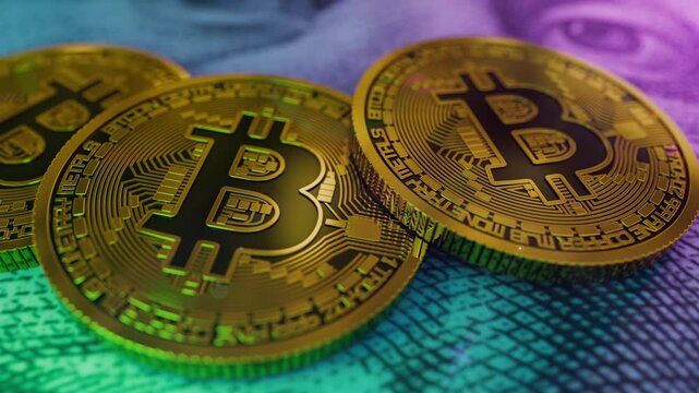 Crypto finance and multicolored bitcoin background at the 3d digital animation