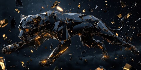 A geometric black panther with golden highlights in motion
