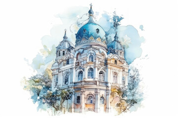 Obraz premium a picturesque watercolor illustration of a majestic Orthodox cathedral with blue domes topped with crosses 