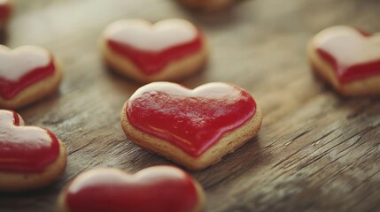 Fototapeta premium Valentine's day cookies hearts with copyspace on wood table, saint valentine and love background concept, blank space, hd