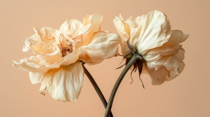 Obraz premium Withered flower on beige background. Decay and impermanence concepts.