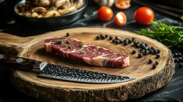 Variety of Raw Black Angus Prime meat steaks Machete, Blade on bone, Striploin, Rib eye, Tenderloin fillet mignon on wooden board