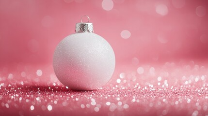 Fototapeta premium White Christmas bauble on shimmering pink background. Minimal style xmas composition. Celebration and party concept