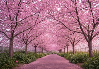 Serene Winding Path Through Blooming Cherry Blossoms Under a Soft Pink and Purple Sky